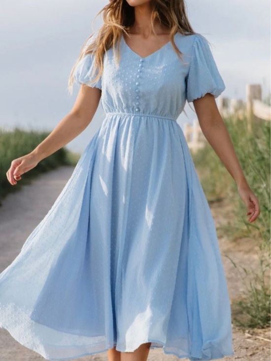 JessaKae Dresses & Skirts - JessaKae Sky Blue Puff-Sleeve Midi Dress Size 3XL Polka Dots NWT